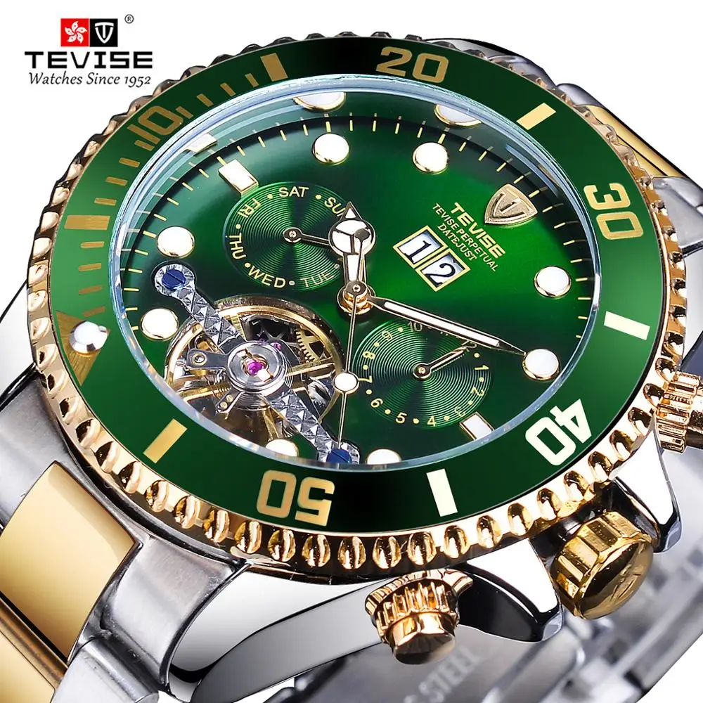 TEVISE зеленый циферблат Tourbillion золотой ободок мужские роскошные бизнес