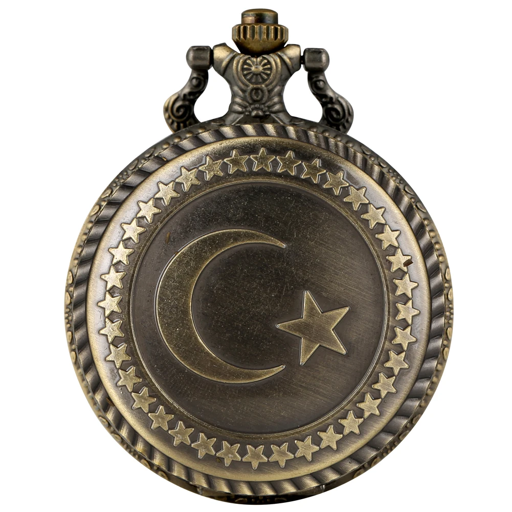 

Antique Bronze Turkey Flag Design Quartz Pocket Watch Moon Star Circle Carving Craft Pendant Necklace Accessories Clock Gifts