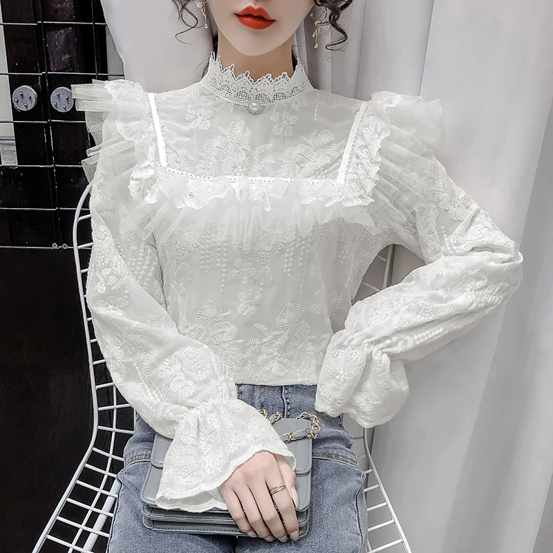 Lace Ruffle 2021 Half-high collar Fashion Mesh Blusas Elegantes De Mujer blouse female long sleeve Vintage Women Blouses 867B
Lace Ruffle 2021 Half-high collar Fashion Mesh Blusas Elegantes De Mujer blouse female long sleeve Vintage Women Blouses 867B
