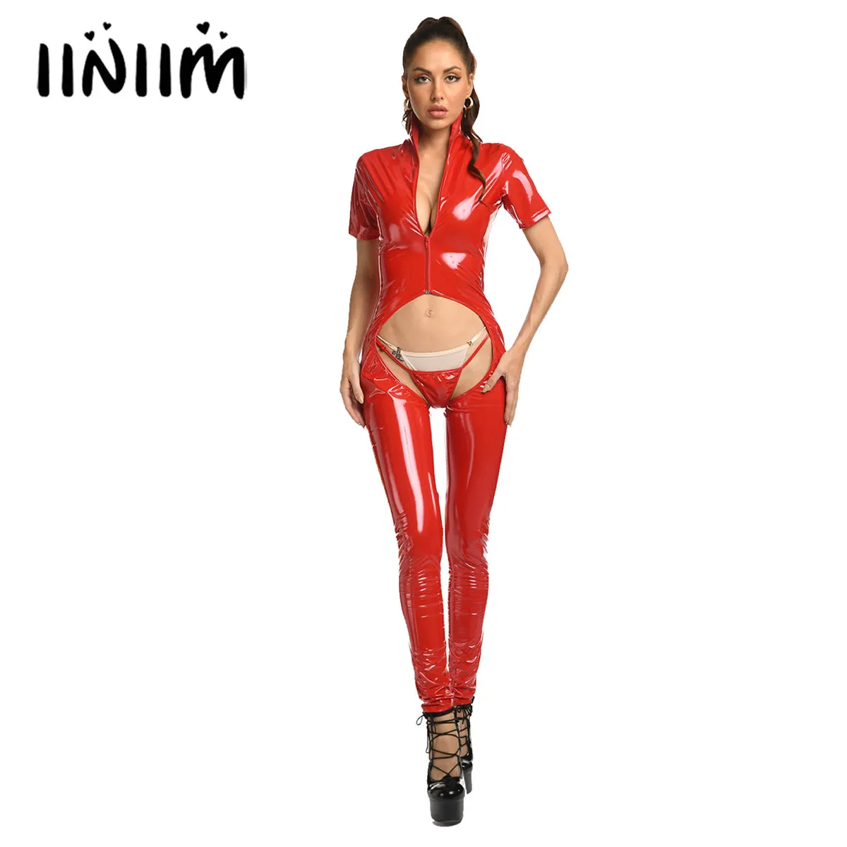 

Women Wet Look Patent Leather Catsuit Open Crotch Bodysuit Mock Neck Short Sleeve Zipper Lace-up Skinny Jumpsuits with G-strings