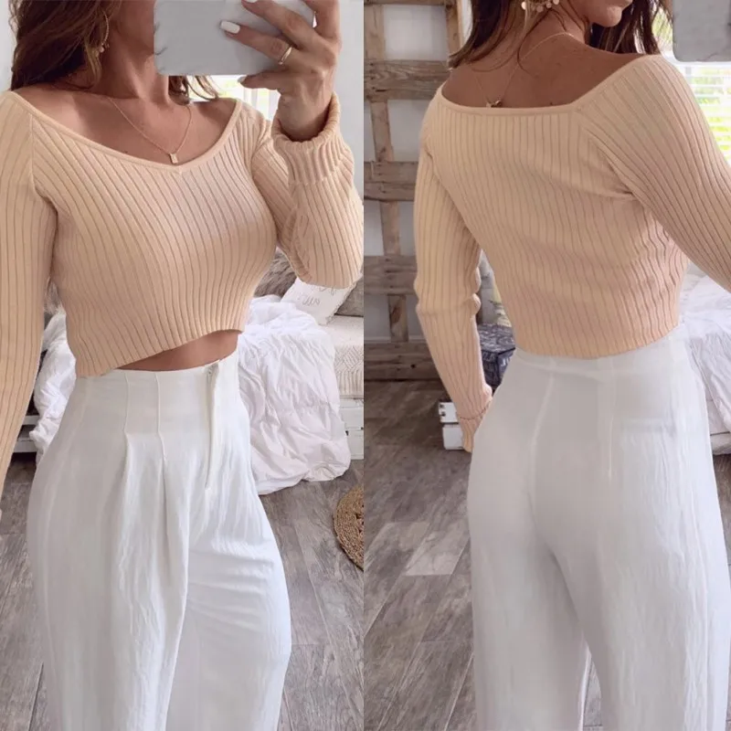 Women Pullover Short Slim Bottoming Sweaters Sexy Deep V Neck Sexy Solid Color Long Sleeve Jumpers Pull Femme
Women Pullover Short Slim Bottoming Sweaters Sexy Deep V Neck Sexy Solid Color Long Sleeve Jumpers Pull Femme