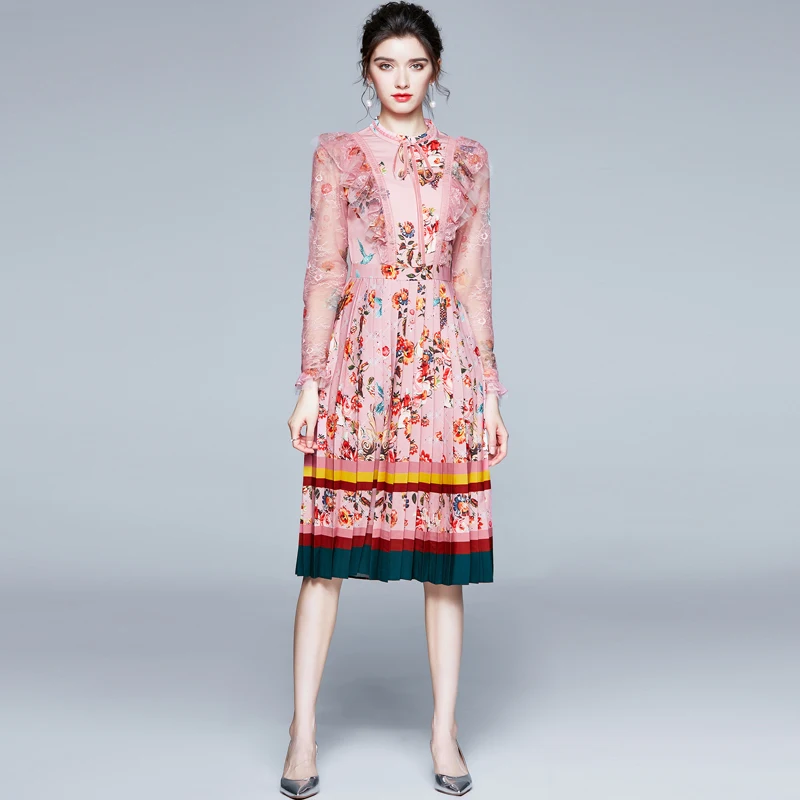 Spring Autumn Runway Designer Bow Neck Pleated Dress Women Elegant Long Sleeve Ruffles Lace Patchwork Floral Printed Midi Dress
Spring Autumn Runway Designer Bow Neck Pleated Dress Women Elegant Long Sleeve Ruffles Lace Patchwork Floral Printed Midi Dress