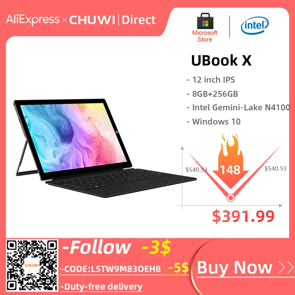 

CHUWI UBook X 12inch Windows 10 Tablet 2160x1440 Intel Celeron N4100 Quad Core 8GB RAM 256GB ROM Tablet PC Dual Wifi Type-C