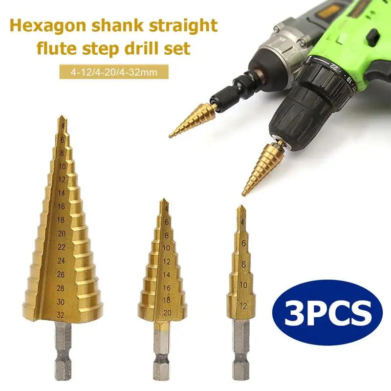 3pcs Hexagonal Shank HSS Step Cone Drill Titanium Steel Metal Hole Cutter Bit Set Household Tools Durable Sturdy
3pcs Hexagonal Shank HSS Step Cone Drill Titanium Steel Metal Hole Cutter Bit Set Household Tools Durable Sturdy