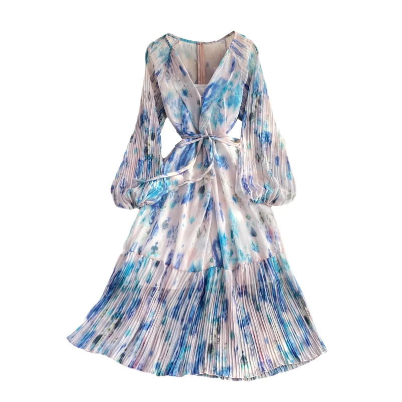 Autumn Blue Dye Tie Draped Chiffon Midi Dress For Women Vintage V-Neck Puff Long Sleeve Big Swing A-Line Pleated Vestidos 2021
Autumn Blue Dye Tie Draped Chiffon Midi Dress For Women Vintage V-Neck Puff Long Sleeve Big Swing A-Line Pleated Vestidos 2021