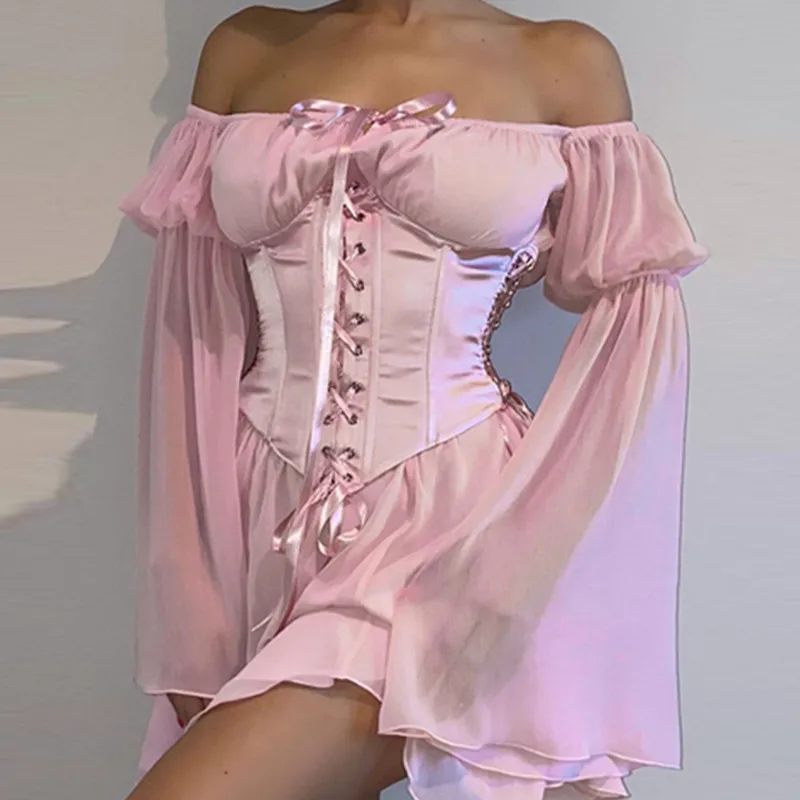 2022 Beach Style Vintage Chiffon Dress With Corset Bandage Hollow Out Bustier Prairie Flare Sleeve Dresses 2 Pieces Set
2022 Beach Style Vintage Chiffon Dress With Corset Bandage Hollow Out Bustier Prairie Flare Sleeve Dresses 2 Pieces Set