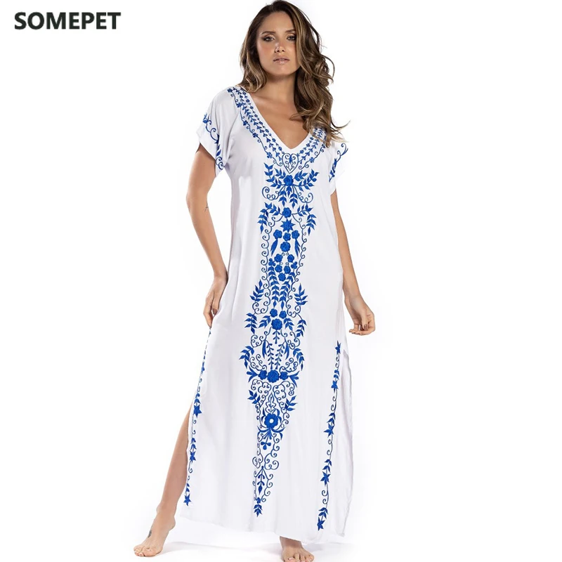 Oversize black Embroidery V-neck Short Sleeve Summer Beach Dress Plus Size Tunic Women Beachwear Batwing Sleeve Long Dress
Oversize black Embroidery V-neck Short Sleeve Summer Beach Dress Plus Size Tunic Women Beachwear Batwing Sleeve Long Dress