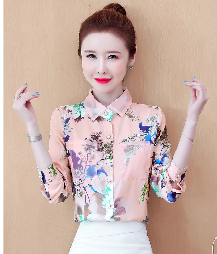 Chiffon Slim Women's Shirts New Fashion Blouses Casual Long Sleeve Blusas Flower Print Button Polo Shirts Summer Houthion