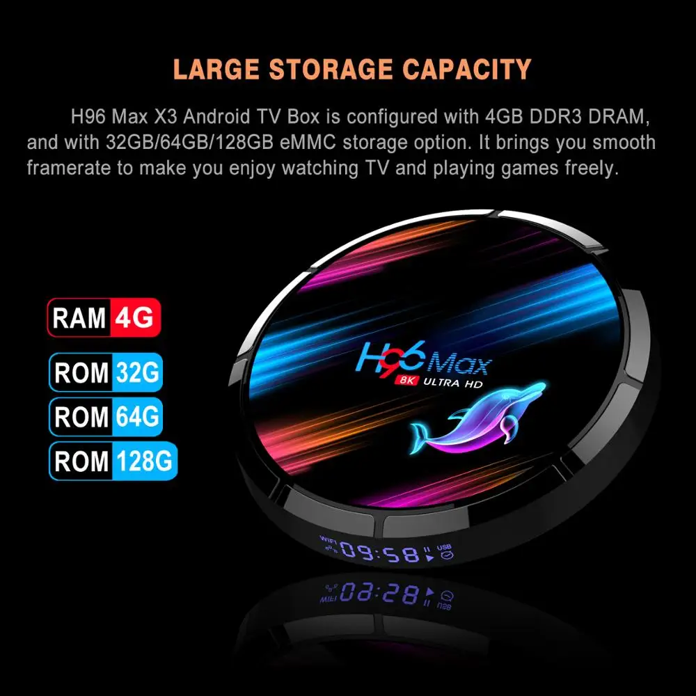 H96 Max X3 TV Box Android 9.0 Amlogic S905X3 Quad Core 4G RAM 32G/64G/128G ROM WIFI 2.4G/5G BT USB3.0 RJ45
H96 Max X3 TV Box Android 9.0 Amlogic S905X3 Quad Core 4G RAM 32G/64G/128G ROM WIFI 2.4G/5G BT USB3.0 RJ45