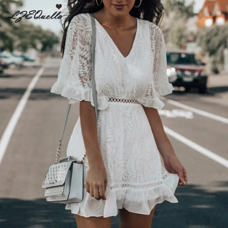 LZEQuella Women White Hollow Out V Neck Dress Summer Embroidered Mid Sleeve Sexy Split Back Mini Party Dress Ladies Clothing
LZEQuella Women White Hollow Out V Neck Dress Summer Embroidered Mid Sleeve Sexy Split Back Mini Party Dress Ladies Clothing