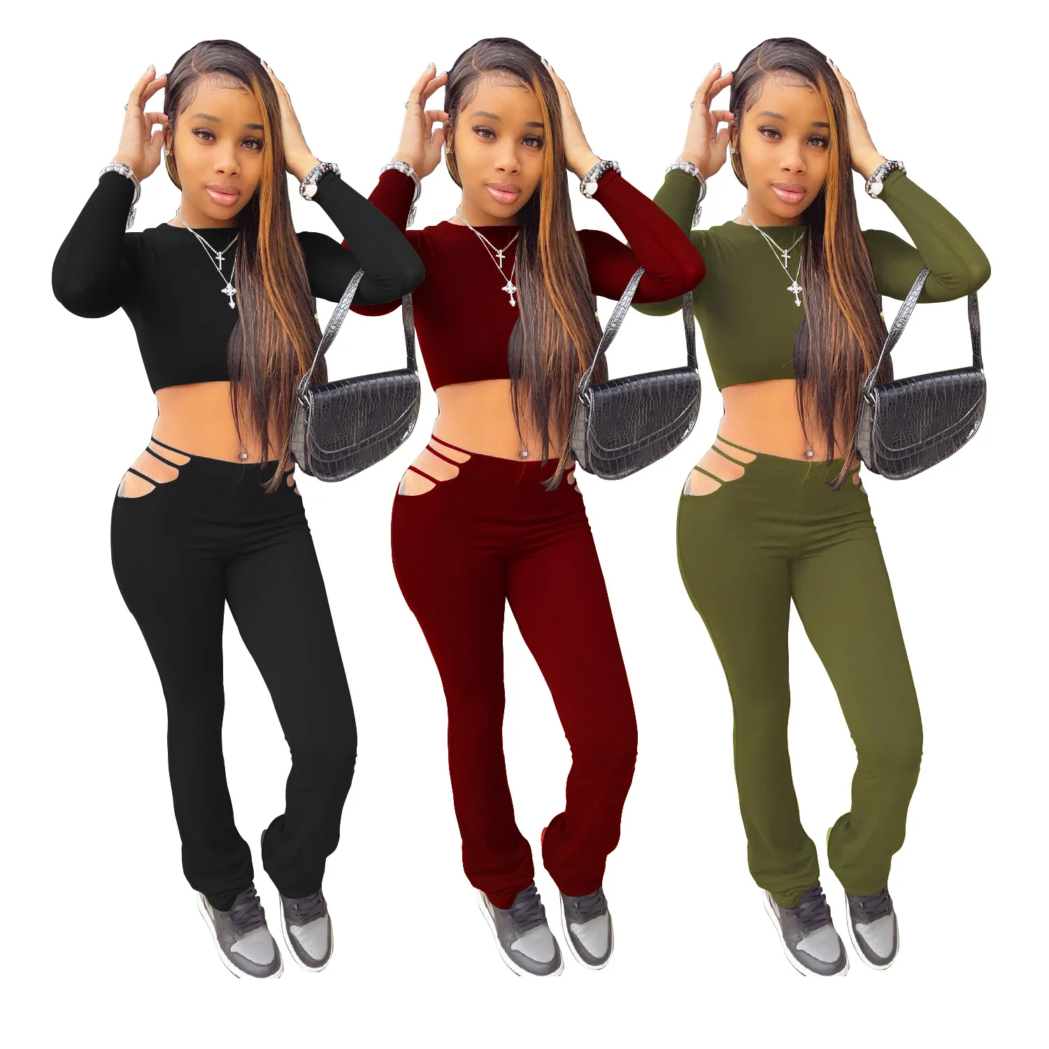 Skinny Women Outfits Autumn 2021 Solid Round Neck Long Sleeves Crop Tops Skinny Pencil Hollow Out Pants 2PCS Nightclub 3 Colors
Skinny Women Outfits Autumn 2021 Solid Round Neck Long Sleeves Crop Tops Skinny Pencil Hollow Out Pants 2PCS Nightclub 3 Colors
