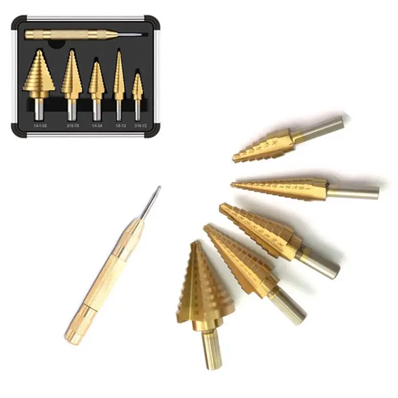 DIY Metal Power Tools 5PCS Step Drill Bit Set Titanium Spiral Grooved Multiple Hole Drill Bits With Automatic Center Punch
DIY Metal Power Tools 5PCS Step Drill Bit Set Titanium Spiral Grooved Multiple Hole Drill Bits With Automatic Center Punch