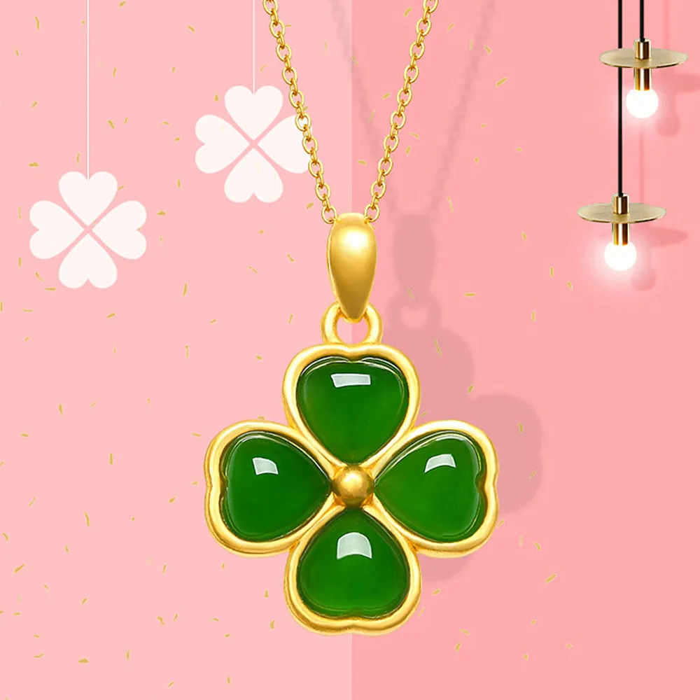 

Classical Clover Green Jade Gemstones 18k Gold Color Pendant Necklaces For Women Choker Chain Jewelry Bijoux Bague Birthday Gift