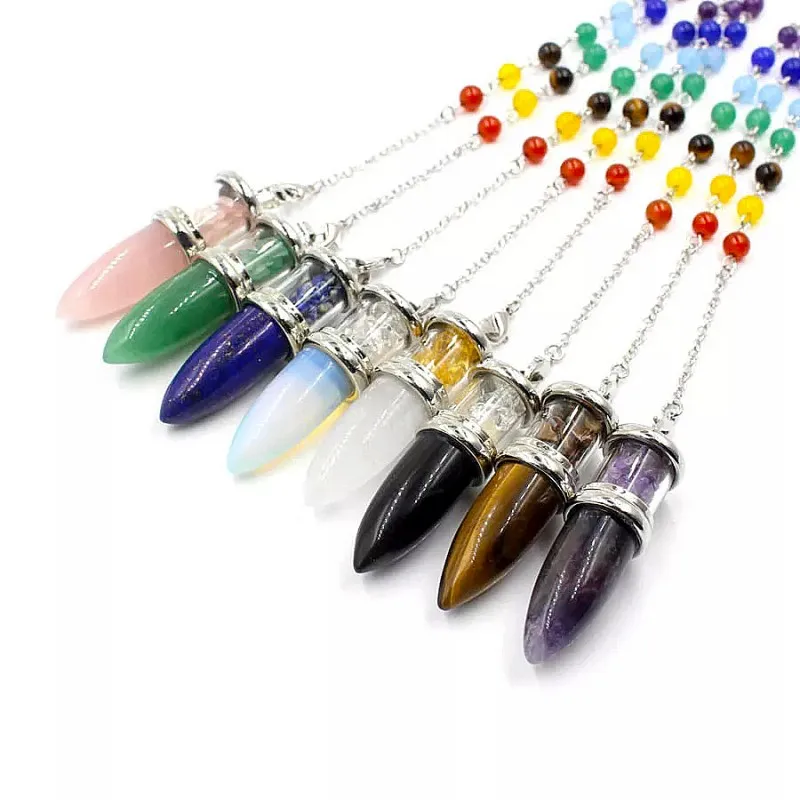

ARLIE Natural Crystal Pendulum Wishing Bottle Bullet Shape Pendant Chakra Chain Healing Chips Stone Reiki Jewelry for Divination