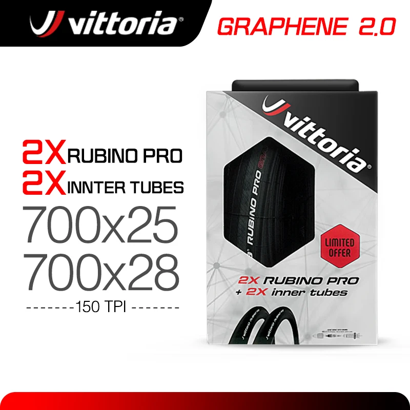 

Vittoria New Rubino Pro G2.0 700x25/28C Folding Tire +2 Inner Tube Set 150 TPI Nylon Casing Graphene 2.0, 3C Training Race Tire