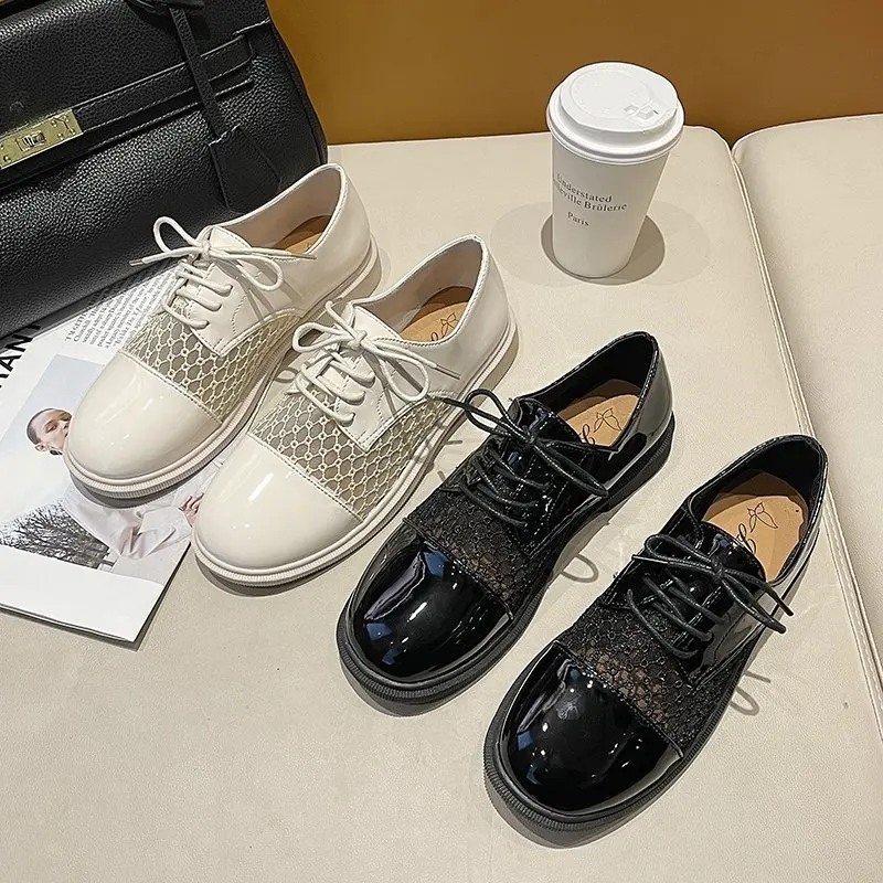 Small Black Leather Shoes Spring 2021 New Mesh Stitching Fashion Women's Shoes Breathable Comfortable Single Shoes