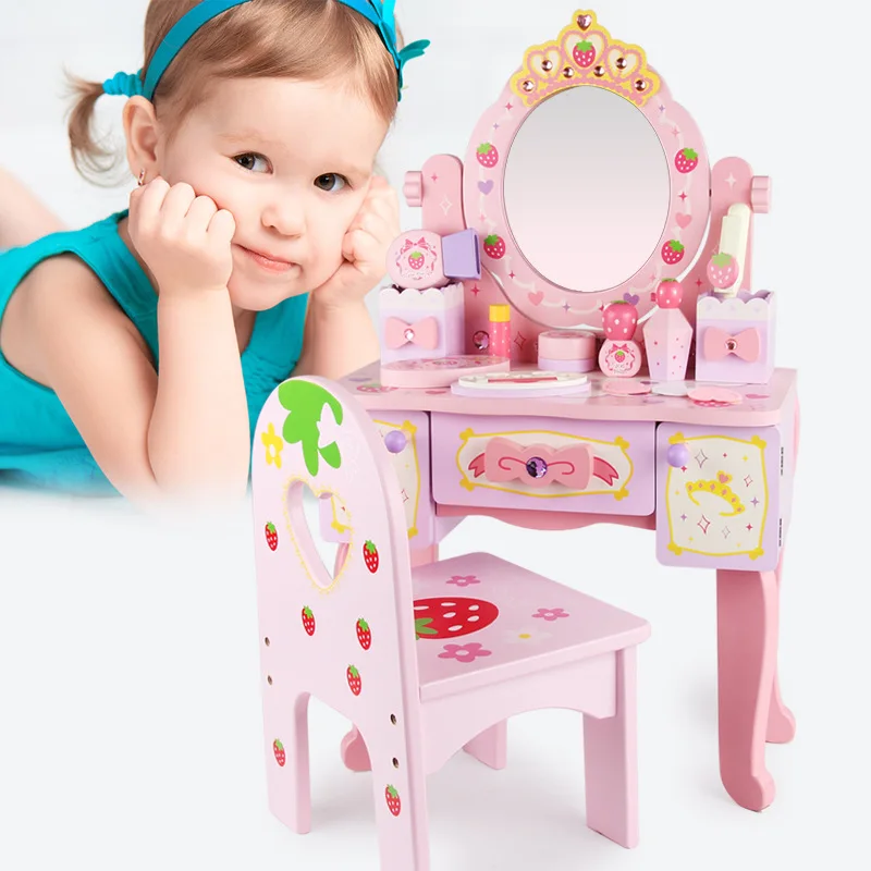 New princess strawberry dressing table + chair play makeup girls toys girl role Makeup mirror wooden | Игрушки и хобби
