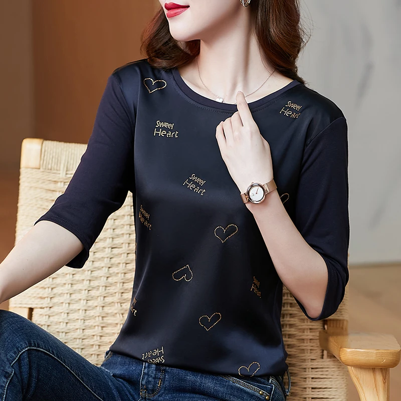 Korean style fashion autumn modal stitching satin top sleeves round neck woman tshirts
Korean style fashion autumn modal stitching satin top sleeves round neck woman tshirts