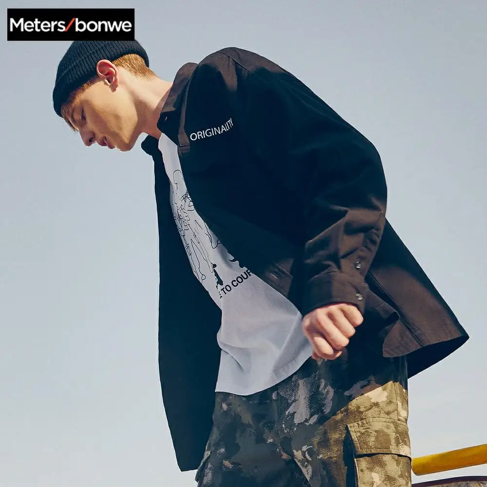 Мужская рубашка с длинными рукавами Metersbonwe повседневная хлопковая Базовая