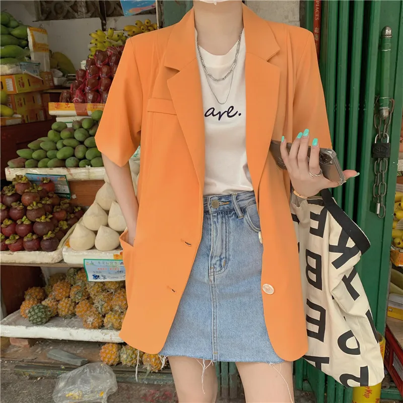 2021 Orange Solid Short Sleeve Blazer Jackets Thin Femme Casual Elegant Vintage OL Outwear All Match Coats Retro Tops
2021 Orange Solid Short Sleeve Blazer Jackets Thin Femme Casual Elegant Vintage OL Outwear All Match Coats Retro Tops