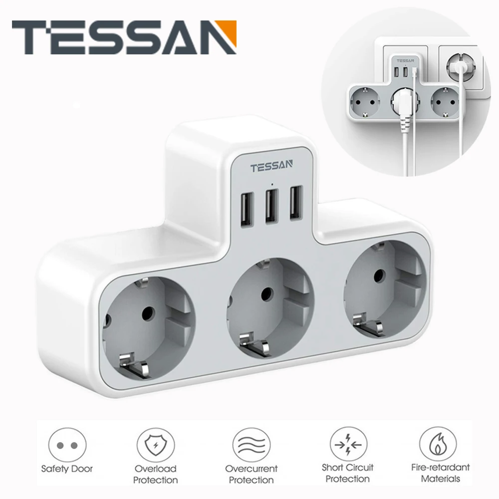 Сетевой удлинитель TESSAN 6 в 1 с 3 USB-портами и розетками переменного тока |