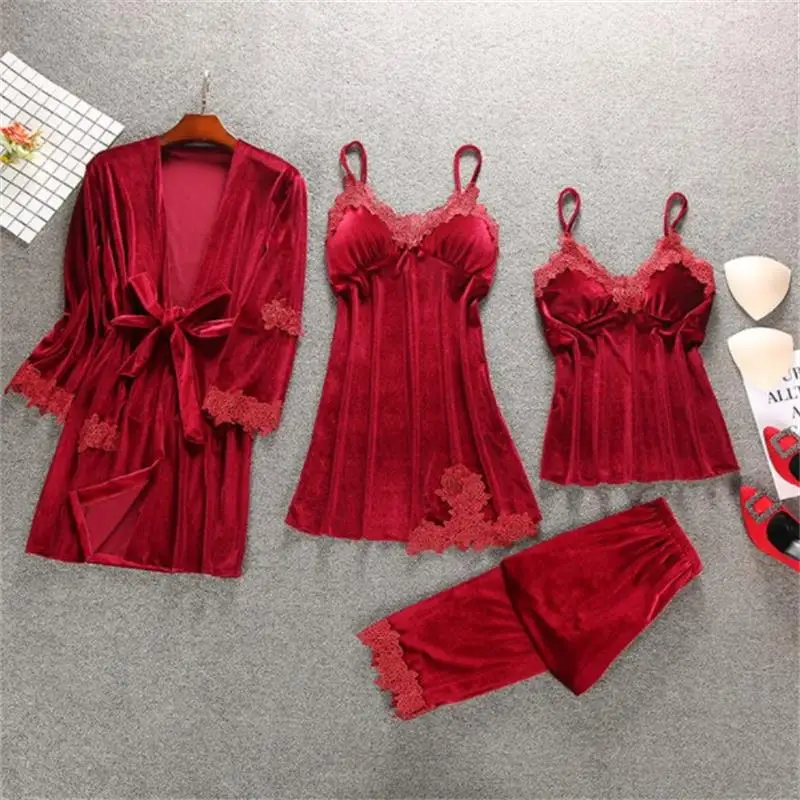 Women's Sexy Lace Nightdress Brand Fashion Home Wear Luxury Pajamas Ice Silk Sling Gold Velvet Chest Pad nightdress Four-piece
Women's Sexy Lace Nightdress Brand Fashion Home Wear Luxury Pajamas Ice Silk Sling Gold Velvet Chest Pad nightdress Four-piece