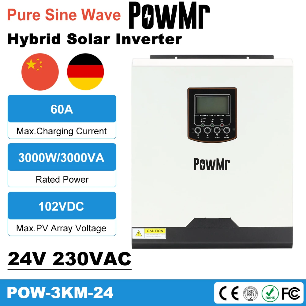 PowMr Pure Sine Wave Hybrid Solar Inverter 3000W 220V MPPT 40A 24V Battery Solar Controller for Max 102V Solar Panel Input
PowMr Pure Sine Wave Hybrid Solar Inverter 3000W 220V MPPT 40A 24V Battery Solar Controller for Max 102V Solar Panel Input
