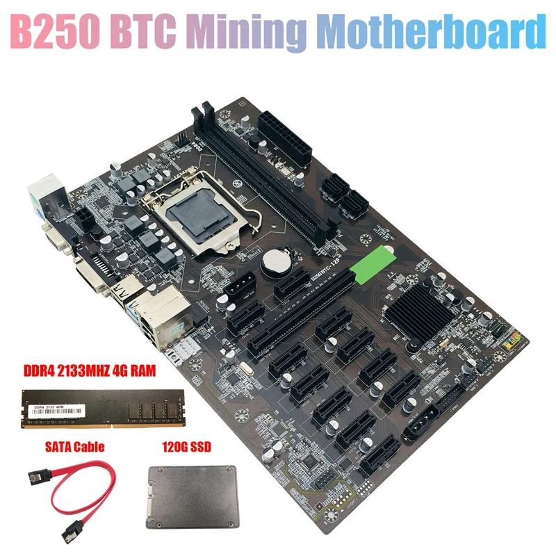 B250 BTC Mining Motherboard with DDR4 4GB 2133Mhz RAM+120G SSD+Cable LGA 1151 12XGraphics Card Slot for BTC Miner
B250 BTC Mining Motherboard with DDR4 4GB 2133Mhz RAM+120G SSD+Cable LGA 1151 12XGraphics Card Slot for BTC Miner