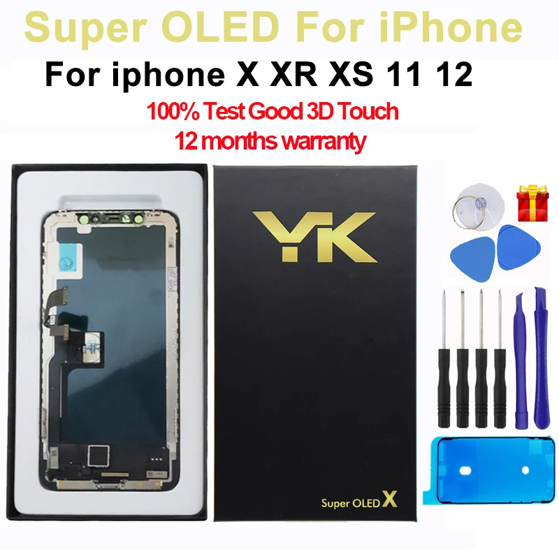 

YK OLED Pantalla For iPhone X Xs XR 11Pro 12 Display Touch Screen Digitizer Assembly Tested No Dead Pixel Replacement LCDs+Gigts