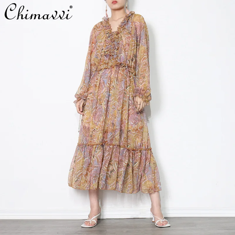 High-End Printed Maxi Dress Fashion V-neck Lantern Long Sleeve Patchwork Ruffled Dress Autumn High Waist Slim Fit Elegant Dress
High-End Printed Maxi Dress Fashion V-neck Lantern Long Sleeve Patchwork Ruffled Dress Autumn High Waist Slim Fit Elegant Dress