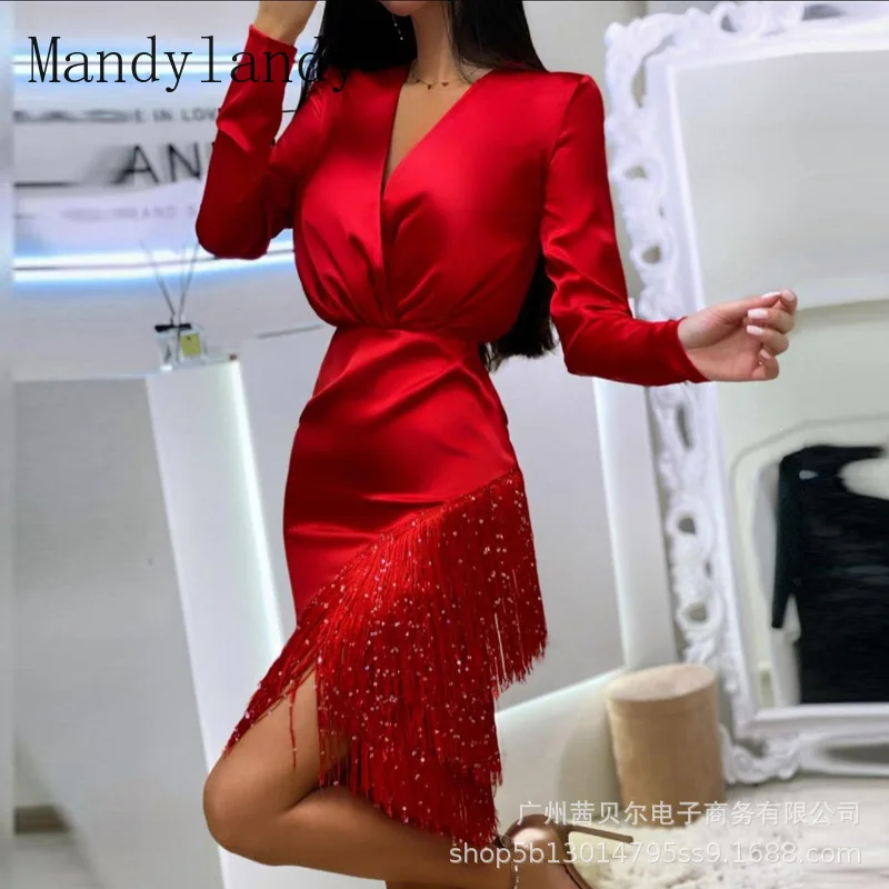 Mandylandy Women's Sexy Slim Dress Spring and Autumn Fashion Long Sleeve Solid Color V-neck Tassel Irregular Dress
Mandylandy Women's Sexy Slim Dress Spring and Autumn Fashion Long Sleeve Solid Color V-neck Tassel Irregular Dress