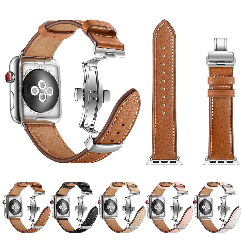 Ремешок BEAFIRY из натуральной кожи с застежкой бабочкой для iwatch 5 40 мм 44 браслет Apple