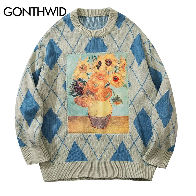 Hip Hop Sweater Streetwear Y2K Vintage Van Gogh Sunflowers Starry Sky Patchwork Knitted Sweaters Harajuku Argyle Diamond Sweater
Hip Hop Sweater Streetwear Y2K Vintage Van Gogh Sunflowers Starry Sky Patchwork Knitted Sweaters Harajuku Argyle Diamond Sweater