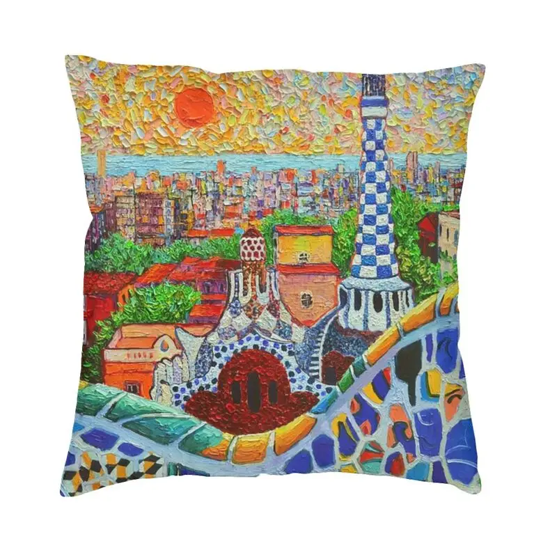 

Spain Cityscape Oil Painting Art Throw Pillow Case Home Decorative Barcelona Sunrise Guell Park Gaudi Tower Sofa Cushion Cover