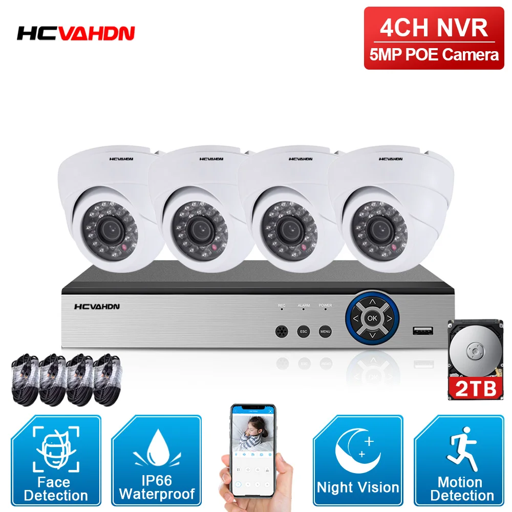 

4CH 5MP 1080P Face Audio Record POE NVR Kit H.265 CCTV System 5MP POE Dome Indoor Security IP Camera P2P Video Surveillance Set