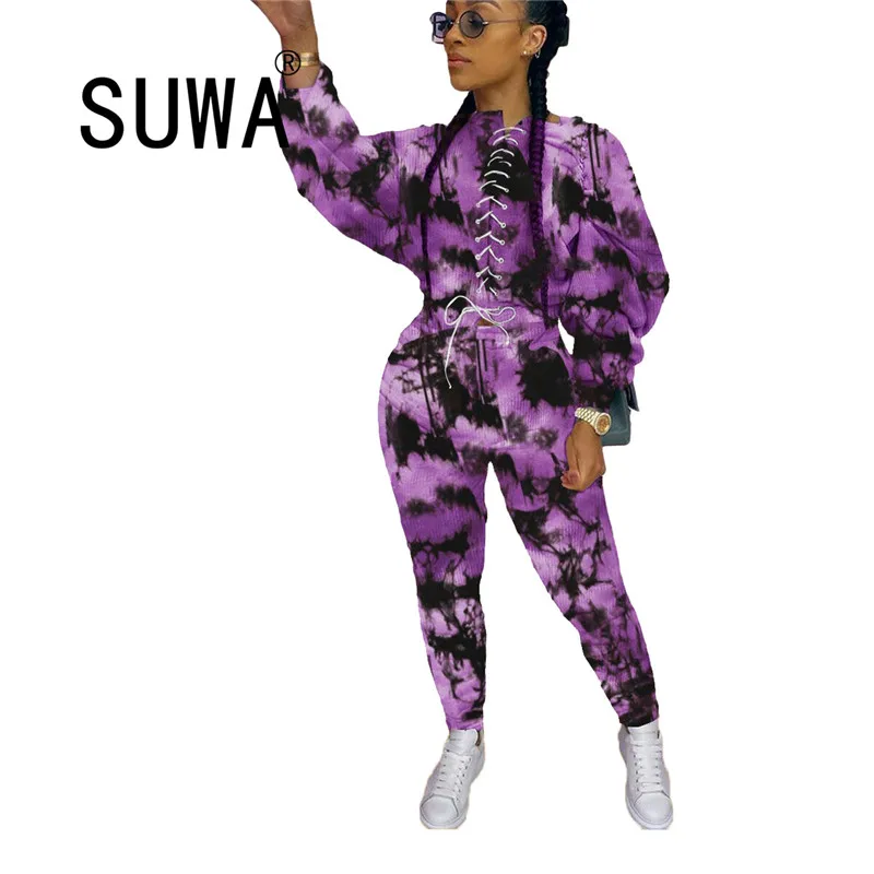 Tie-dye Printed Bodycon Women Two Piece Sets Fashion Lace Up Lantern Sleeve Sweatshirt Top+jogger Trousers Autumn Clothing Hot
Tie-dye Printed Bodycon Women Two Piece Sets Fashion Lace Up Lantern Sleeve Sweatshirt Top+jogger Trousers Autumn Clothing Hot