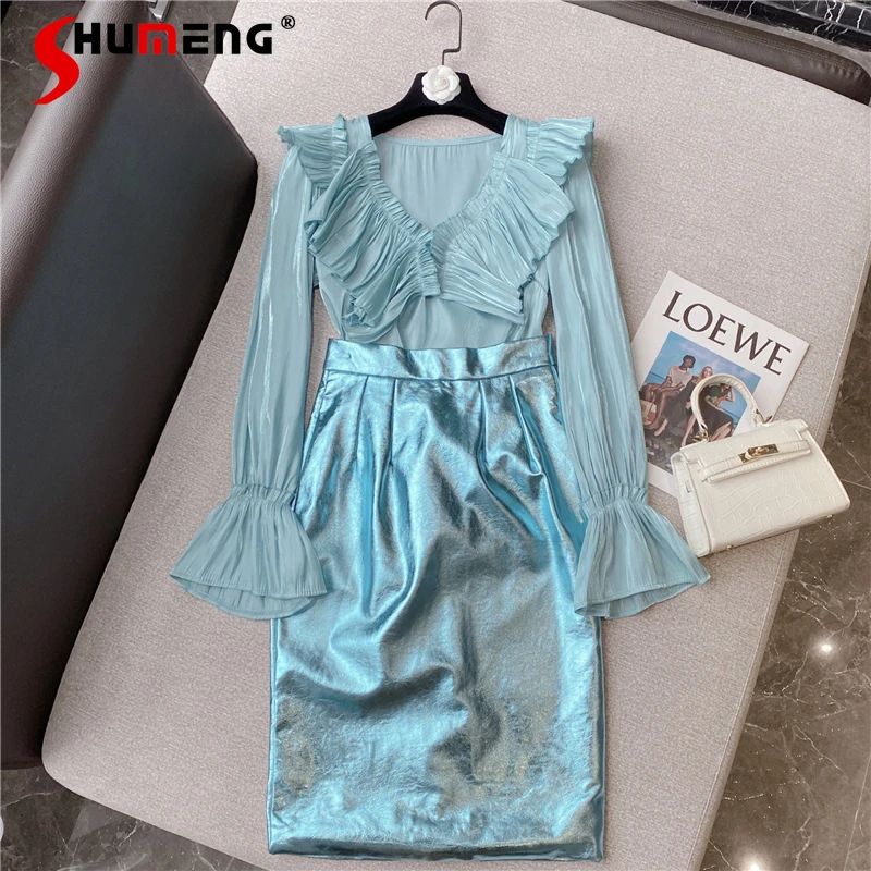 2021 Autumn New Retro French Elegant Sexy V-neck Shirt Women's Fashion High Waist Patent Leather Mid-Length Dress Two-piece Sets
2021 Autumn New Retro French Elegant Sexy V-neck Shirt Women's Fashion High Waist Patent Leather Mid-Length Dress Two-piece Sets
