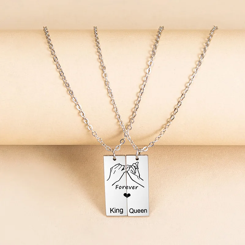 Stainless Steel Hold Hands Couple Necklace King Queen Promise Forever Letter Pendant Necklace Lover Jewelry Valentine's Day Gift 
Stainless Steel Hold Hands Couple Necklace King Queen Promise Forever Letter Pendant Necklace Lover Jewelry Valentine's Day Gift