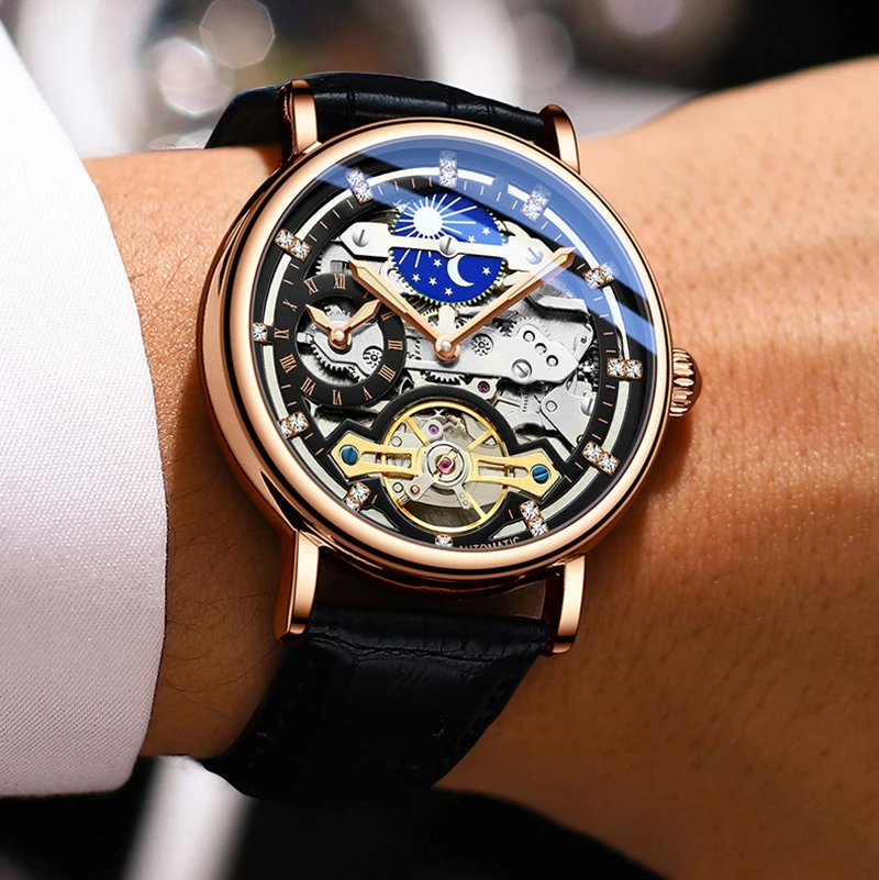 

MOHDNE Tourbillon Hollow-carved Waterproof Watch for Unisex British Style Coated Glass Mirror Automatic Mechanical Man's