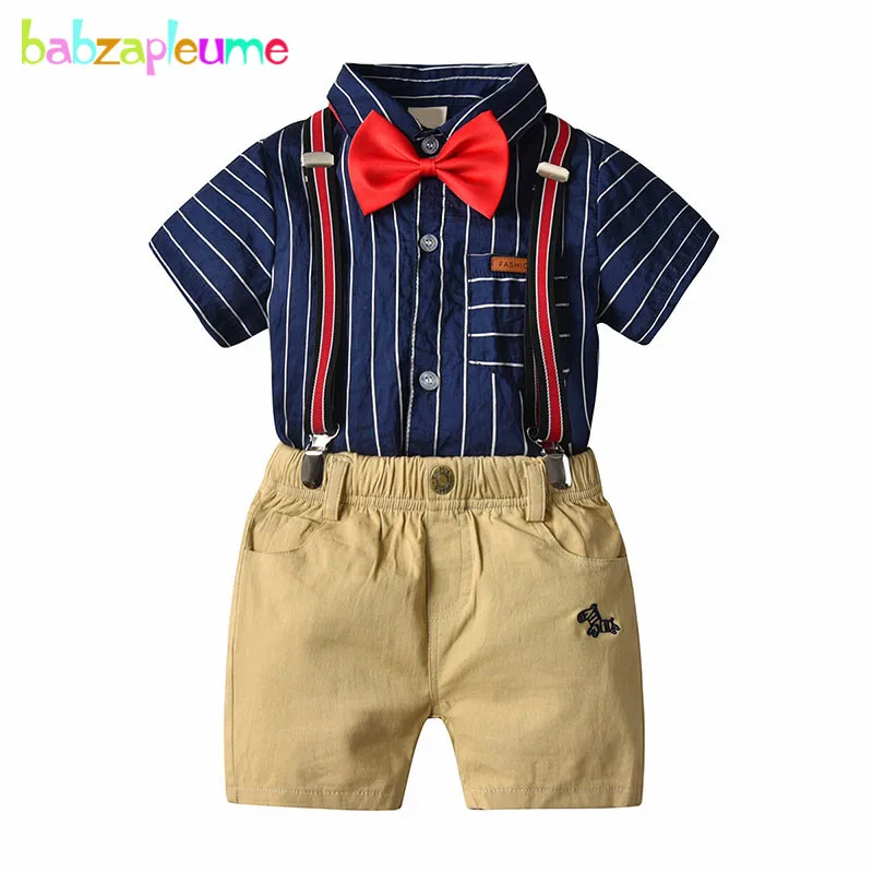 

4Piece/2-7Years/Summer Outfits Children Clothes Fashion Gentleman Stripe T-shirt+Shorts+Strap+Bow Baby Boys Clothing Sets BC1266
