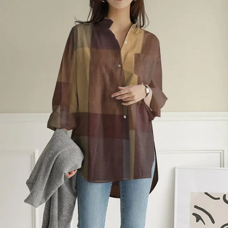 Women Sprng Summer Tops Ladies Long Sleeve Shirts Casual Loose Work Shirt Pockets Asymmetrical Chemise Autumn Plaid Tops
Women Sprng Summer Tops Ladies Long Sleeve Shirts Casual Loose Work Shirt Pockets Asymmetrical Chemise Autumn Plaid Tops