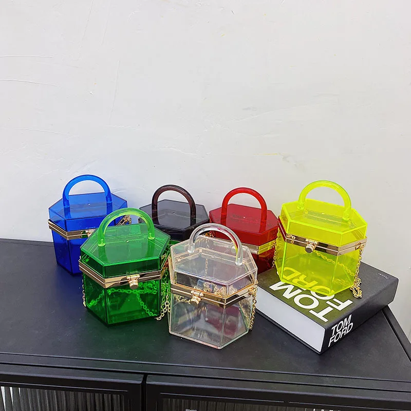 Acrylic Chain Transparent Box Jelly Bag Individual Hexagon Clear PVC Women Handbags Mini Evening Crossbody Tote Bag GDB049
Acrylic Chain Transparent Box Jelly Bag Individual Hexagon Clear PVC Women Handbags Mini Evening Crossbody Tote Bag GDB049
