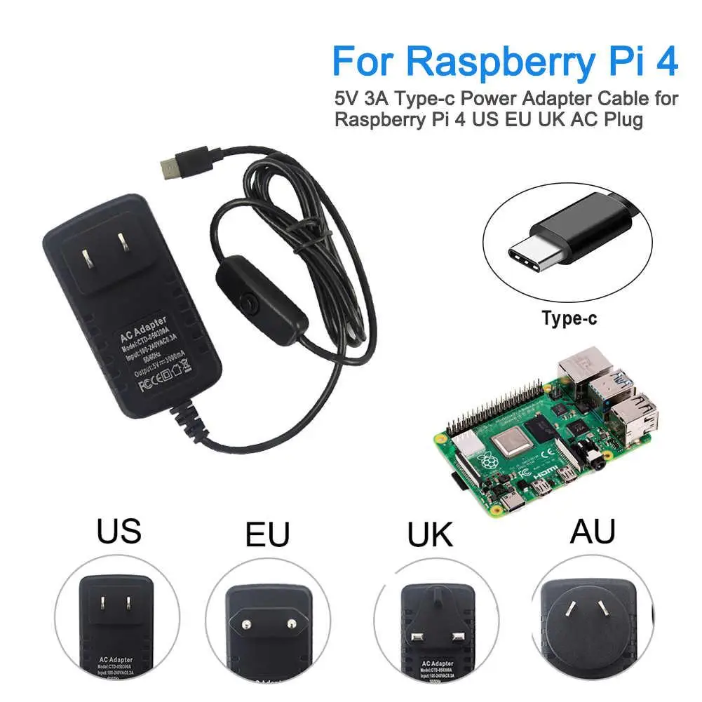 Зарядное устройство USB 5 В 3 А Type-C адаптер питания для Raspberry Pi4/4B совместим с 2