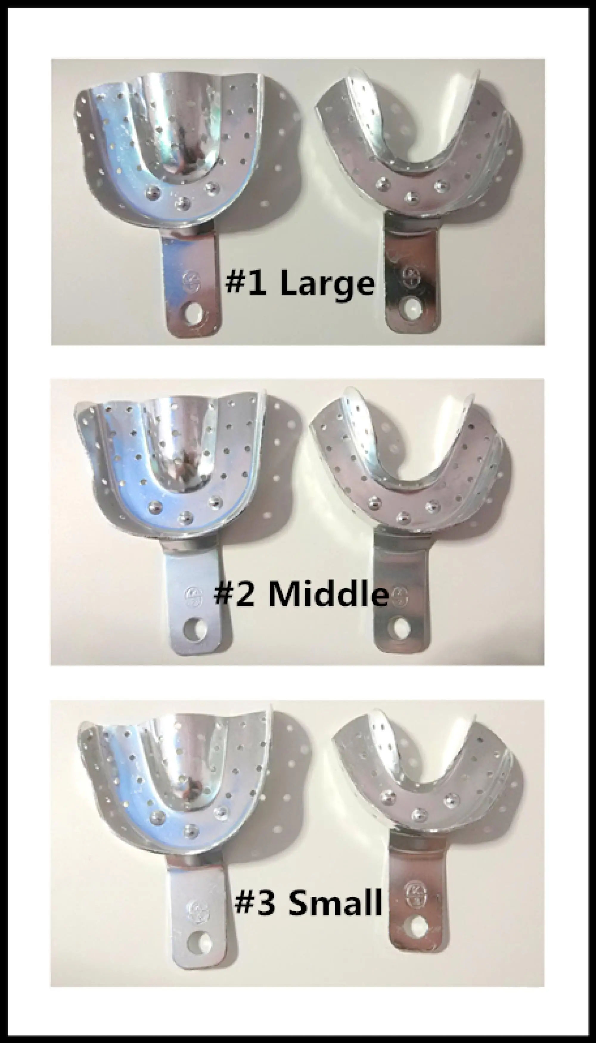 3Pairs Dental Metal Impression Trays With Hoels Set Aluminium Large Middle Small Perforated Tray
3Pairs Dental Metal Impression Trays With Hoels Set Aluminium Large Middle Small Perforated Tray