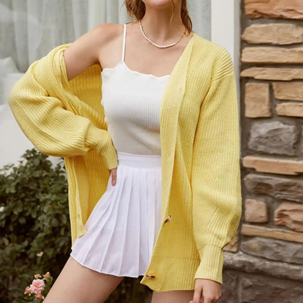 Women Solid Casual Sweater Loose Single-breasted Knitted Cardigan One Size Lantern Sleeve V Neck Knitted Coat Casual Button Coat 
Women Solid Casual Sweater Loose Single-breasted Knitted Cardigan One Size Lantern Sleeve V Neck Knitted Coat Casual Button Coat