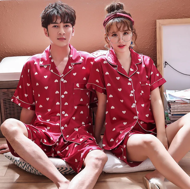 Summer Couple 2PCS Satin Pajamas Suit M-XXL Heart Print Short Sleeve Shirt&Shorts Sleepwear With Pocket Casual Home Clothes 
Summer Couple 2PCS Satin Pajamas Suit M-XXL Heart Print Short Sleeve Shirt&Shorts Sleepwear With Pocket Casual Home Clothes
