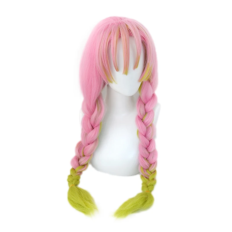 

Женский парик для косплея Kanroji Mitsuri из аниме «рассекающий демонов», зеленые розовые цветные косички для волос с бесплатной шапочкой