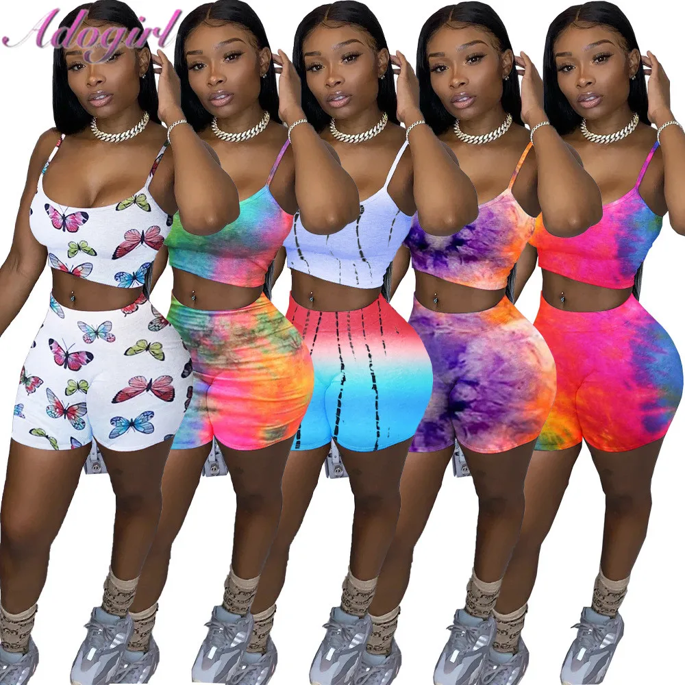 

Women Tracksuit Casual Tie Dye Print Spaghetti Tank Tops Shorts Joggers Pants Suit Soprtwear Two Piece Set Outfit Matching Set