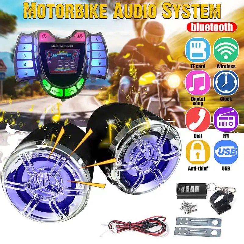 bluetooth Motorcycle Studio Audio Sound System Stereo Speaker Alarm System Scooter FM Radio MP3 Music Player with Remote Control
bluetooth Motorcycle Studio Audio Sound System Stereo Speaker Alarm System Scooter FM Radio MP3 Music Player with Remote Control