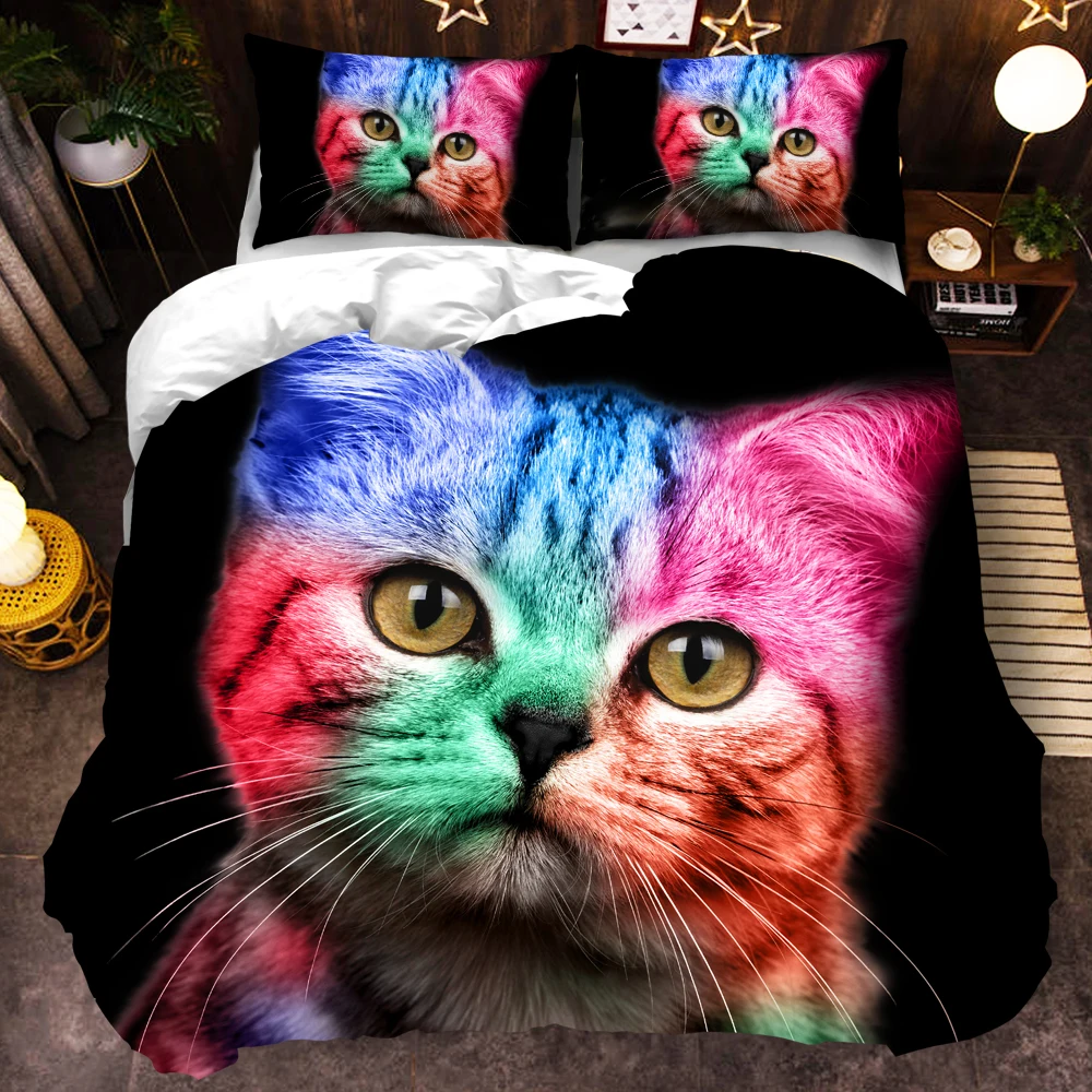 

Комплект постельного белья с 3D рисунком кота для девочек и мальчиков, милый цветной яркий Кот покрывало с узором, 3 предмета, толстый цвет, черный пододеяльник с животными